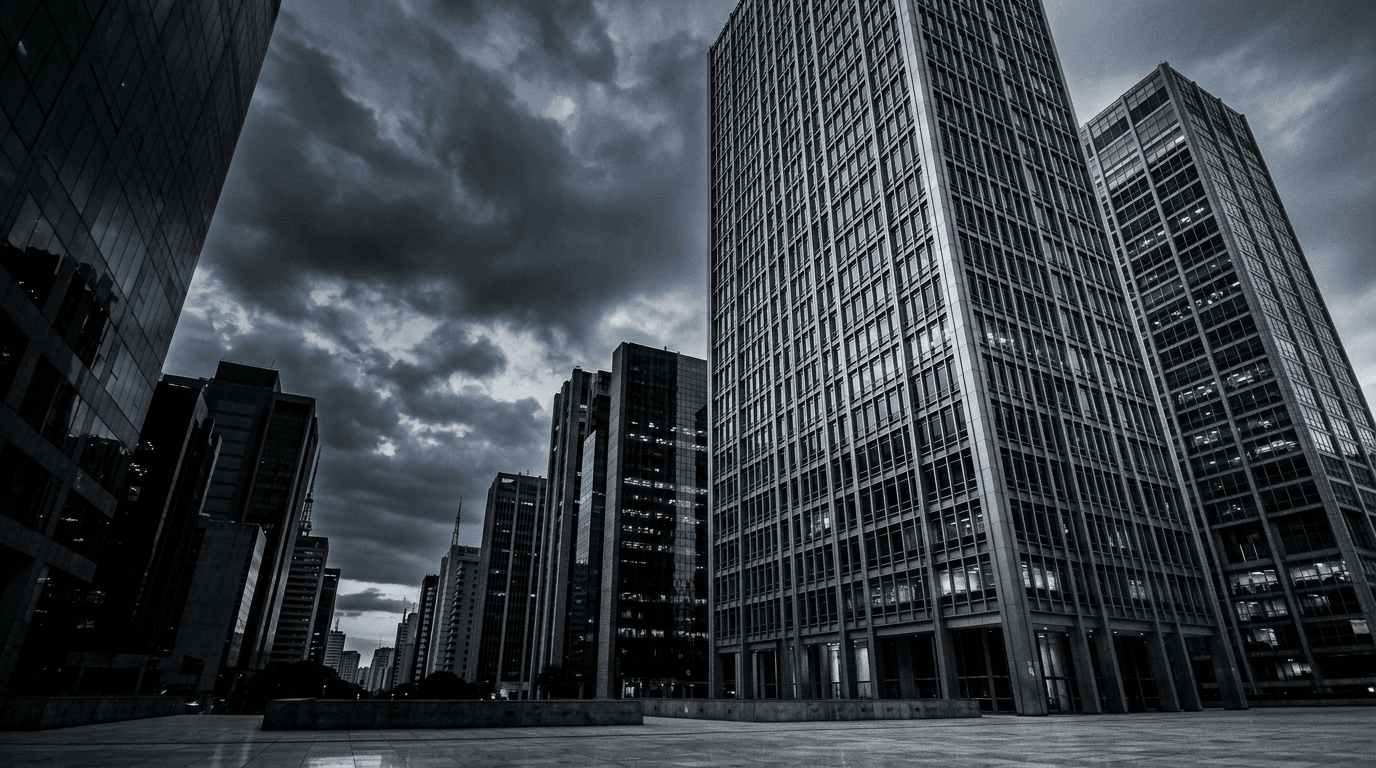 Arquitetura de edifícios corporativos em uma composição cinematográfica em grafite e prata