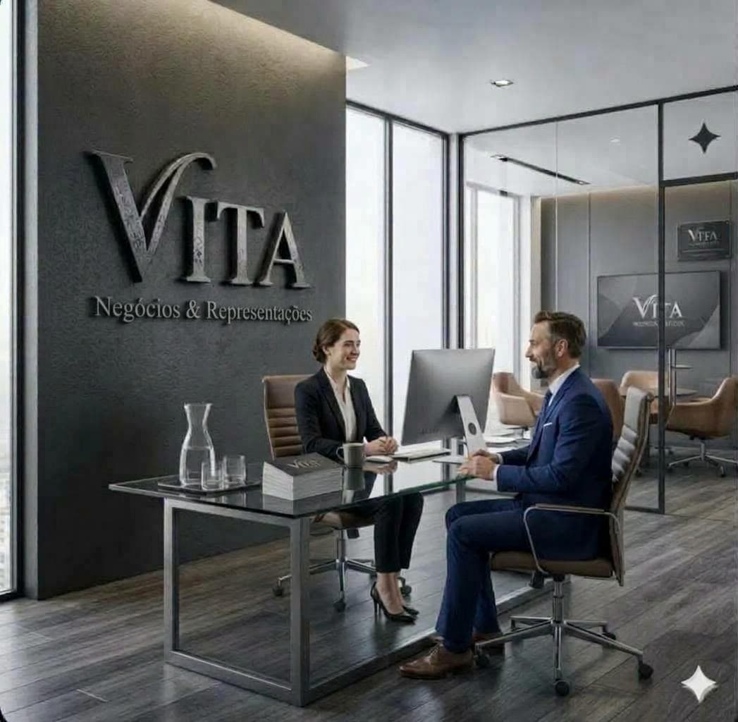 Dois profissionais em reunião no escritório da Vita - Negócios & Representações